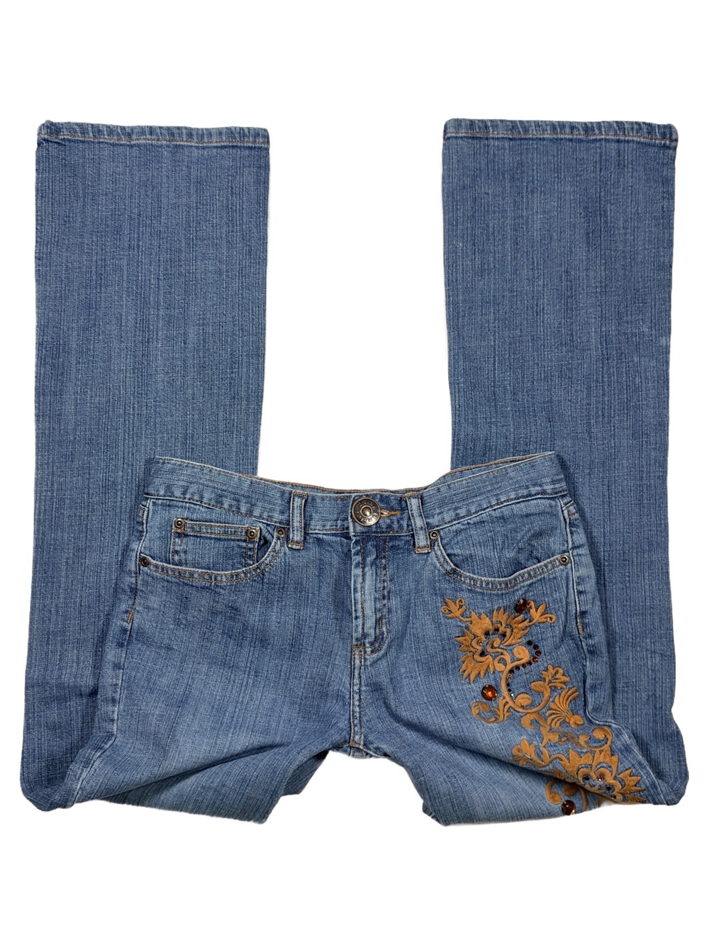 y2k Vintage Daisy Fuentes Blue Bootcut Jeans with Brown Floral Embroidery